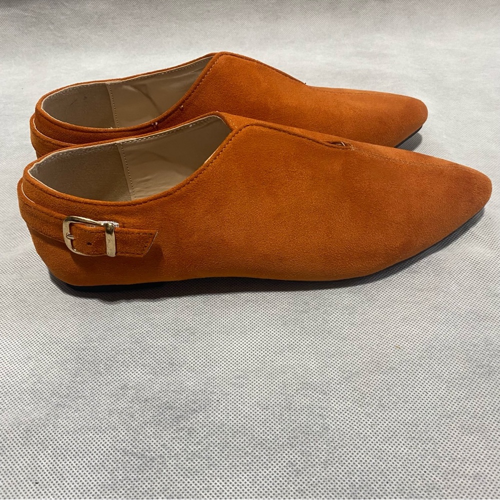 Chic Orange/Rust Suede-like Pointed-Toe Flats with Gold Buckle - Picture 2 of 6